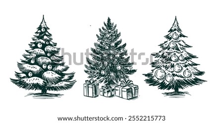 Christmas tree. New Year set. Hand drawn illustration.	