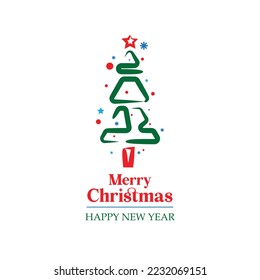 Christmas Tree with New Year shining snowflakes and balls. Merry Christmas greeting card. Holiday Xmas and New Year poster, web banner. Vector Illustration.