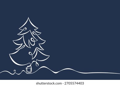 Árbol de Navidad. Navidades y Año Nuevo. Dibujo de una sola línea blanca. Dibujo de línea continua. Ilustración vectorial sobre un fondo azul.