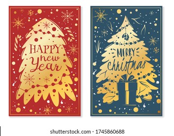 Christmas tree new year vertical posters. Cartoon style, hand drawn decorative elements. Holiday vector banners illustrations set