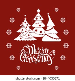 Christmas tree. New year's illustration. Vector. Red background. Snowflakes. Stars. Lettering