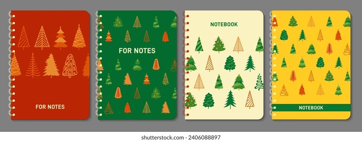 Juego de portadas para portátiles de árbol de Navidad. New Years y xmas símbolo tradicional diseño de moda de pino para el planificador de notas, folleto, libro, catálogo. Afiche de plantilla de impresión de página de diseño decorativo con vector de árbol
