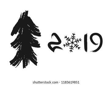 Christmas tree and number 2019 with snowflake drawn by hand with a rough brush. Grunge, watercolour, sketch, graffiti, paint. Simple vector illustration for New Year design.