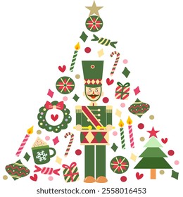 Christmas tree with nutcracker and ornaments. Icons. Vector.