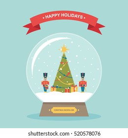 Christmas tree nutcracker toy soldiers snow globe flat vector illustration