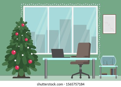Christmas tree in office. Vector illustration.