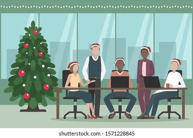 Christmas tree in office. Vector illustration.