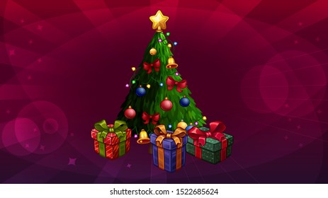 Christmas tree on abstract red background. Vector illustration 