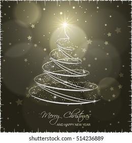 Christmas tree on abstract vector background with star, glare and glitter.