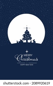 Christmas tree on the background of a huge moon. There are gifts and a little rabbit under the fir tree. Christmas card.