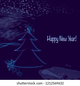 Christmas tree on the background of the night sky Creative design idea for greeting card, card, new year background, wrapping, tile, wallpaper Paint splashes, grunge drops on blue background