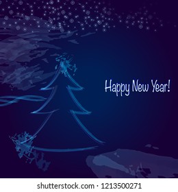 Christmas tree on the background of the night sky Bright idea to design a greeting card, card, New Year's background, packaging, tiles, wallpaper Paint splashes, grunge drops on blue background