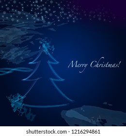 Christmas tree on the background of the night sky Creative design idea for greeting card, card, new year background, wrapping, tile, wallpaper Paint splashes, grunge drops on blue background