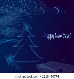 Christmas tree on the background of the night sky Bright idea to design a greeting card, card, New Year's background, packaging, tiles, wallpaper Paint splashes, grunge drops on blue background