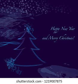 Christmas tree on the background of the night sky Bright idea to design a greeting card, card, New Year's background, packaging, tiles, wallpaper Paint splashes, grunge drops on blue background