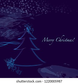 Christmas tree on the background of the night sky Bright idea to design a greeting card, card, New Year's background, packaging, tiles, wallpaper Paint splashes, grunge drops on blue background
