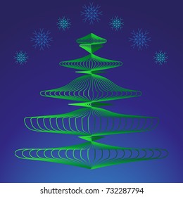 Christmas tree on background of night sky and falling snowflakes.Vector illustration with outline objects in  minimalist style. For season greeting cards, posters, advertisement.