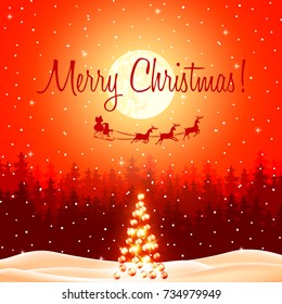 Christmas tree on a background of snow-covered forest and Santa