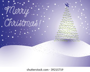 Christmas tree on background of starry sky and snowdrifts, vector illustration