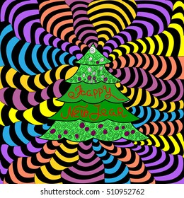 Christmas tree on the background of wavy stripes. Doodles art. Christmas, New Year's decor. Printing on T-shirts, banners, posters, cover. 