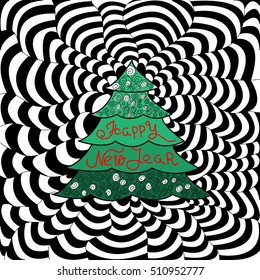 Christmas tree on the background of wavy stripes. Doodles art. Christmas, New Year's decor. Printing on T-shirts, banners, posters, cover. 