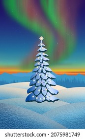 Christmas tree on a background of a winter landscape, aurora borealis