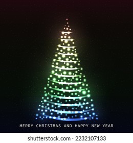Christmas tree on black background with stars. Colorful glittering Christmas tree. Merry Christmas andHappy New Year holiday celebration. Bright shiny design. Vector illustration.