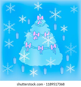 Christmas tree on a blue background. Snowflakes and candles. Traditional Christmas tree.