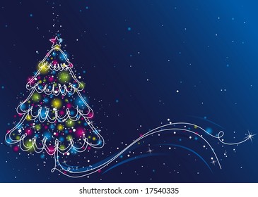 christmas tree  on the blue background, vector illustration