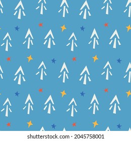 Ein Weihnachtsbaum auf blauem Hintergrund. Nahtloses Muster. Vektorgrafiken. Hintergrund für Tapeten, Textilien, Postkarten, Umhüllungen usw.