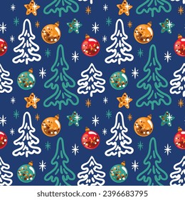 Christmas tree on the blue background. Seamless pattern. Vector.