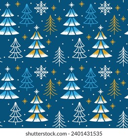 Christmas tree on the blue background. Winter forest. Seamless pattern. Vector.