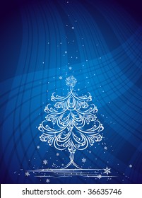 christmas tree  on the blue background, vector illustration
