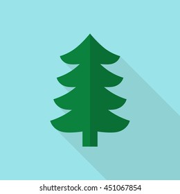 Christmas tree on blue background. Icon with long shadow. Flat design. Vector illustration. EPS 8, no transparency