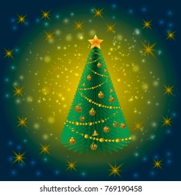 Christmas tree with on blue background with gold lights. Holidays vector illustration.