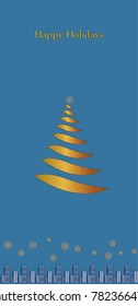 Christmas tree on blue background. Happy New Year, Merry Christmas celebration. Golden snowflakes decoration. Vector illustration