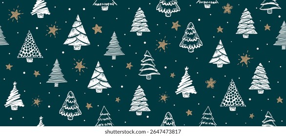 Christmas tree on blue, hand drawn illustrations	