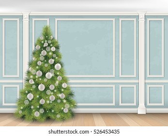 Christmas tree on blue wall with pilasters and moulding panels. Vector realistic illustration. Luxury interior. Indoor background.