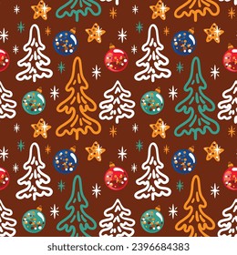 Árbol de Navidad en el fondo marrón. Patrón sin foco. Vector.