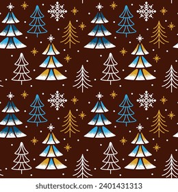 Christmas tree on the brown background. Winter forest. Seamless pattern. Vector