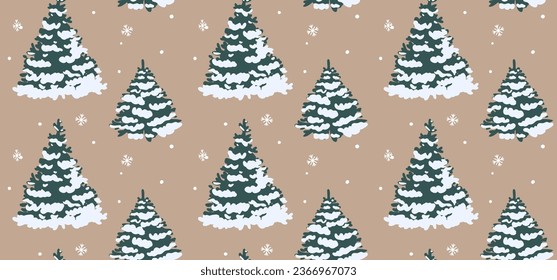 Christmas tree on brown kraft paper, seamless pattern design. Winter snow forest wrapping paper, vector illustration.