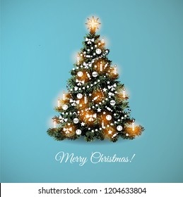 Christmas tree on bue background. Christmas card.