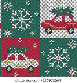 Christmas tree on car jacquard knitted seamless pattern. Winter red and green background. Crochet blanket. Vector illustration.