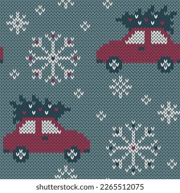 Christmas tree on car jacquard knitted seamless pattern. Winter background for socks or sweater design. Vector illustration.