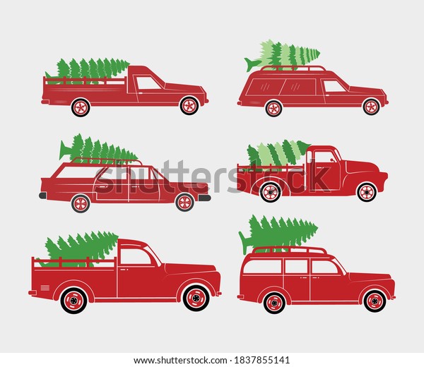 Christmas tree on the car. Retro pickup\
truck with a  tree. Vector illustration Christmas red truck with a\
Christmas tree on a white background. Christmas and happy new year\
illustrations.