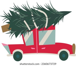 Árbol de Navidad en un auto. Ilustración vectorial en un fondo blanco. Dibujo plano
