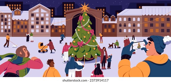 Christmas tree on city square panorama. Happy people walking on snow urban street, take photo of decorated xmas firtree. New year holiday outdoor, winter evening in town. Flat vector illustration