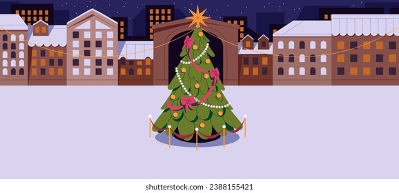 Christmas tree on city square panorama. Decorated xmas firtree, building exterior, facade. Empty urban street, deserted snow town. New year holiday outdoor, winter evening. Flat vector illustration