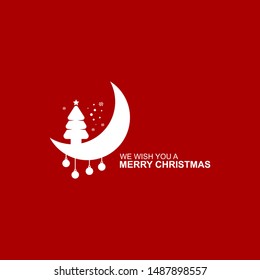 christmas tree on Crescent moon with christmas tree elements hang on it. and also a merry christmas letter beside it