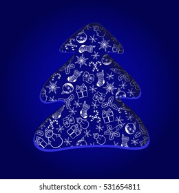 Christmas tree on dark blue background with volume shadow and Xmas symbols - snowman, berry, candle, snowflake, bauble, gift box, sock, candy cone. Vector illustration.